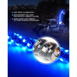 Xprite 4FT Blue LED Spiral Whip Lights, 2PCS Safety Warning Flexible Whips Pole Lighted Antenna w/U.S. Flag for Side by Side Buggy Dunes Off-Road UTV ATV Yamaha Polaris RZR Can-Am 4X4 Trophy Trucks