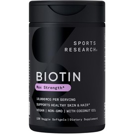 Sports Research Vegan Biotin with Organic Coconut Oil - Biotin Vitamin B7- Non-GMO & Gluten Free:_10,000mcg /120 ct/ White