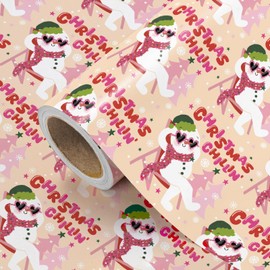 WRAPAHOLIC Snowman Christmas Wrapping Paper - Mini Roll - 17 Inch x 16.5 Feet - Pink Christmas Chill Snowman Wrapping Paper for Xmas Holiday, Party Celebration