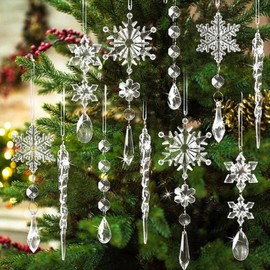 Wjelet 18pcs Clear Christmas Tree Pendants Acrylic Crystal Hanging with Lanyard Clear Christmas Tree Decorations for Christmas Tree Party Hanging Indoor Decoration Set (Snowflake Elements)
