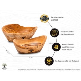 SOLTAKO Olive Wood Bowl, Set of 2, Les Snacks 14 cm, Oval Bowls Made of Olive Wood, Rustic Snack Bowl