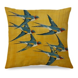 Japanese Swallow Bird Throw Pillow Cover 18x18, Japandi Home Decor, Traditional Oriental Mustard Yellow and Blue Bird Pillow Cover Decor for Couch Sofa Home Living Room Bedroom
