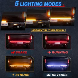 MICTUNING 60" Triple LED Tailgate Light Bar IP68 Waterproof Plug-and-Play Folded Aluminum Frame with 4-Way Flat Connector - Full Function Reverse Brake Running