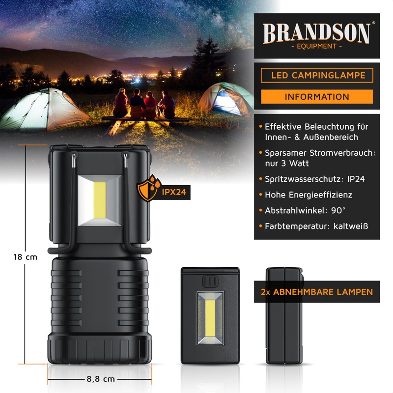 Brandson - LED camping lamp lantern - 2 removable torches