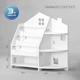 VEELOK 3 Tier Kids Bookshelf Bookcase, House Shape Book Shelf for Kids Rooms Nursery, Montessori Bookshelf, Kids Book Shelf and Toy Storage for Toddler Children, White