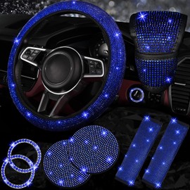 NBTEPEM 8 pcs Bling Car Accessories Set for Women, Bling Rhinestone Diamond Steering Wheel Cover, Sparkly Seat Belt Covers, Bling Gear Shift Cover, Universal Fit Most Cars (Blue Diamond)