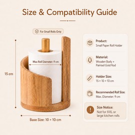 KINDLUME Porta Rotolo di Carta in Legno Piccolo, Supporto Compatto 15 cm con Asta Dorata Verniciata, per Rotoli fino a 9 cm, Porta Carta Igienica per Bagno, Tavolo e Piccoli Spazi