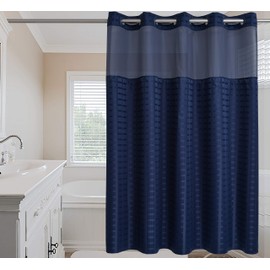 Conbo Mio Hotel Style Fabric Shower Curtain No Hooks Needed with Snap in Liner for Bathroom Machine Washable Waterproof Repellent Wide Shower Curtain(Check-Dark Blue,71" (W) x 74"(H))