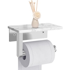 Brushed Nickel Toilet Paper Holder Wall Mounted with Marble Shelf, Tissue Roll Holder 304 Stainless Steel for Bathroom Washroom, Screw-in Modern Toilet Paper Holder