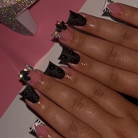 24 Pcs Black Duck Press on Nails Short Fake Nails with Glue French Tip False Nails with Bow Rhinestone Design Handmade Nails Duck Nail Tips Acrylic Nails Press ons Stick on Nails for Women