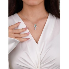 Simulated Green Emerald Diamond Large Ankh Cross Ribbon Necklace for Women Mom Sterling Silver Moissanite Pendant Necklace