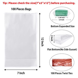 Morepack Flat Bottom Cellophane Bags,100 Pcs 7x3x12 Inches Clear Cello Bags Flat Bottom Cellophane Treat Bags for Cookie (No Side Gusset)