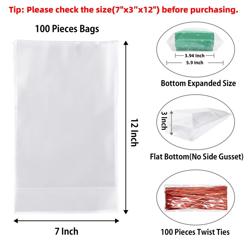 Morepack Flat Bottom Cellophane Bags,100 Pcs 7x3x12 Inches Clear Cello