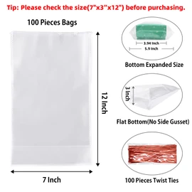 Morepack Flat Bottom Cellophane Bags,100 Pcs 7x3x12 Inches Clear Cello Bags Flat Bottom Cellophane Treat Bags for Cookie (No Side Gusset)