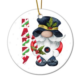 Happy Christmas Gnome Flat Circle Ceramic Ornaments for Christmas Tree Hanging Decoration Novelty Christmas Pendant Bauble Keepsake Holiday Souvenir New Year Xmas Gifts for Kids