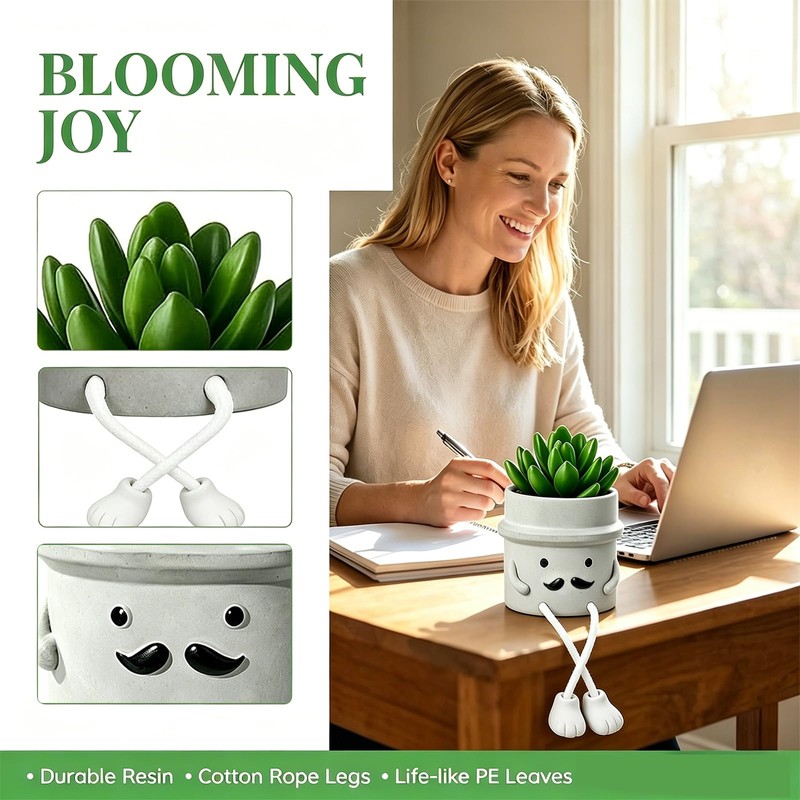 Fake Plant with Gray Flower Pot Artificial Succulents Plant for