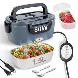 80W Electric Lunch Box with Heating Time Controller, 1.5L Portable Food Warmer for Adults/Men/Work, 12V/24V/110V Heated Lunch Box for Car/Truck with Fork & Spoon and Insulated Bag