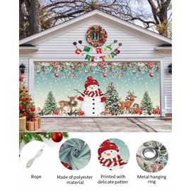 Hokiten Teal Christmas Garage Door Cover 7x8Ft, Red Snowman Garage Door Banner Cover, Xmas Tree Poinsettia Eucalyptus Balls Garage Door Decoration Backdrop for Christmas Holiday Garage Door Covers