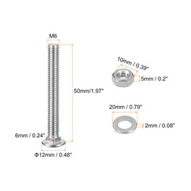 sourcing map M6x50mm Square Neck Carriage Bolts with Nuts & Washers, 12Set 304 Stainless Steel Round Head Square Neck Coach Bolt Screws, Silver Tone