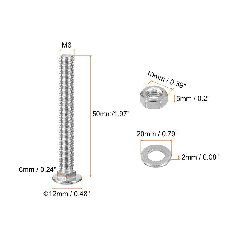 sourcing map M6x50mm Square Neck Carriage Bolts with Nuts &