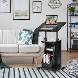 Tangkula Mobile Laptop Podium, Portable Height Adjustable Podium Stand, Standing Desk Sit-to-Stand Desk, Rolling Lectern Cart Laptop Desk Cart with Swivel Top Movable Wheels & Storage