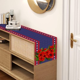 Linen Red Poppies Veterans Day Table Runner Veterans Day Memorial Day 4th of July Fourth of July Labor Day Patriotic Holiday Table Decorations 13x72 Inch