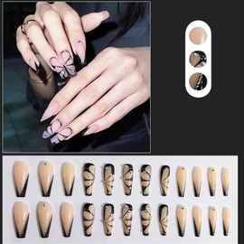 YoYoee Diamond Inlaid Manicure Press on Nails Long Coffin Fake Nails French False Nails Acrylics Full Cover Black Nails Tips for Women and Girls 24PCS