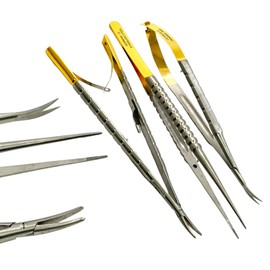 6" Tying Forceps with Serrated Straight Tips + 6" Castroviejo Curved Tip Micro Scissors + 6" Castroviejo-Barraquer Needle Holder Curved - Gold Handle | German Steel (Set of 3pc)