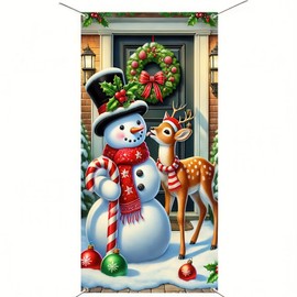 BlissYard Christmas Snowman and Reindeer Door Banner Merry Christmas Door Cover Holiday Decor Wreath Backdrop for Front Door Porch Xmas Party Decor New Year Supplies Background Banner 71x35