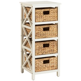 eHemco 4 Tier X-Side End Storage Cabinet with 4 Wicker Baskets, White