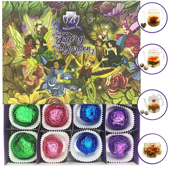 Fairy Garden Blooming Tea Flowers - Variety Pack Includes 4 Different Flavors - 12 Flowering Tea Balls In Total-Naturally Flavored Flowering Tea - Blooming Tea Fruit Wrapped to Preserve Freshness