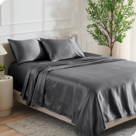 Bare Home Luxury Poly Satin Sheet Set for Hair, Skin, Soft and Smooth Satin, Breathable, Similar to Silk, Deep Pocket up to 15”, 1 Fitted and 1 Flat Sheet, 2 King Pillowcases (Cal King, Grey)