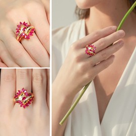 AGRULE Ruby Red Ring 925 Sterling Silver 18K White Gold Plated 2.9 Carat Luxury Engagement Promise Rings for Her Statetement Cocktail Long Leaf Ring for Women, Size 8