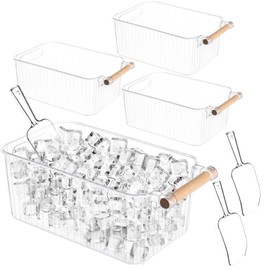 4 Piece Ice Bin and 2 Flexible Scoop Set Plastic Freezer Ice Bin with Handle Clear Storage Bucket for Container with Bucket Scoop Kitchen Fridge