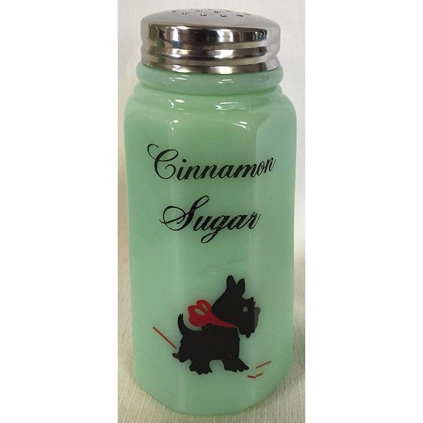 Cinnamon Sugar Shaker - Paneled - Mosser - American Made - Jade Jadeite Glass w/Red Bow Scottie Scotty Dog