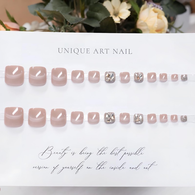 [ALLEVG]ネイルチップ 足用 24枚入 フットネイルチップ フットネイル 足用 ベージュブラウン キャットアイ付け爪 マグネットネイルチップ 夏