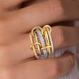 Eaciy Gold Stackable Rings for Women, 14K Gold Plated Cubic Zirconia Rings, Silver Gold Multi Ring Mixed Metals Stackable Ring Set for Women Non Tarnish, 9, Copper, No Gemstone