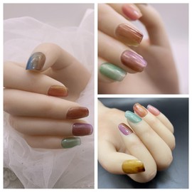 Kokowomite Nails Handmade Nail Tips, Short Squoval, Power Raggla, Color, Nuance, Cute Short Nails, Popular Design, Storage Box Included, Pack of 10