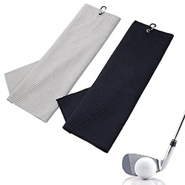 DBOO 2Pcs Premium Golf Towel Microfiber Fabric Golf Bag Towel with Carabiner Clip for Hanging on Golf Club Bag, Yoga Camping Gym - 40x40cm(Black+Grey)