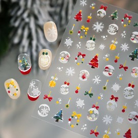 Christmas Nail Stickers 5D Embossed Cute Snowball Nail Art Stickers 3D Self Adhesive Christmas Tree Nail Decals Winter Xmas Garland Nails Design Yellow Red Green Bow Nails Supplies for Women 1 Sheet