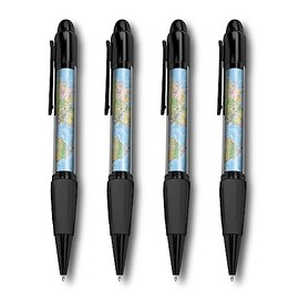 Set of 4 Black Ballpoint Pens (Photo Insert) - World Map Globe Earth - Soft Feel Finger Grip #170942