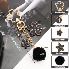 XGALBLA Black Cute Flower Initial Letter Keychain for Women, Flower Keychains with Pom Pom Fuzzy Keychains Bag Charms for Purse, Car Key, Handbags,Backpacks(H)