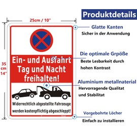 Einfahrt freihalten Signs Metal 35 x 25 cm Einfahrt und Nacht freihalten Sign Aluminium Sign Parking Prohibited Illegally parked Vehicles Are Towed for a Fee, Pack of 2