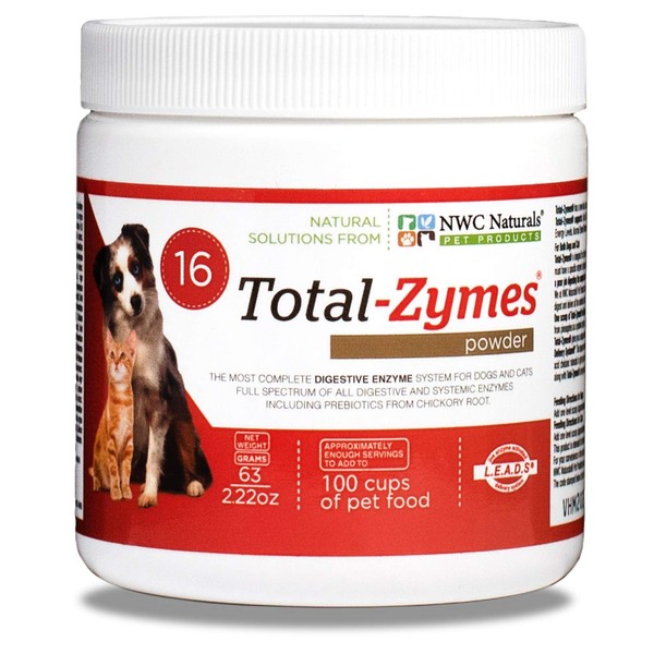 Total-Zymes Digestive Enzyme Powder for Dogs and Cats, With Pre-Biotics, Puppy and Kitten Enzymes, Immune, Digestive, Joint, and Healthy Weight Support 2.22-ounce Jar by NWC Naturals (14605)
