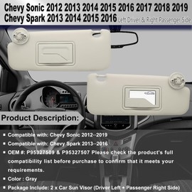Driver Left & Passenger Right Side Sun Visor Replacement Compatible with Chevy Sonic 2012-2019 Spark 2013-2016 Replacement Number P95327509 P95327507 Colour Gray