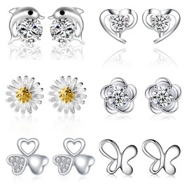 6 Pairs Silver Stud Earrings Multipack Heart Ear Studs Butterfly Silver Ear Piercing Earrings Studs Small Flower Studs Ladies Stud Earrings Sets Silver Cartilage Stud for Women Girls Kids School