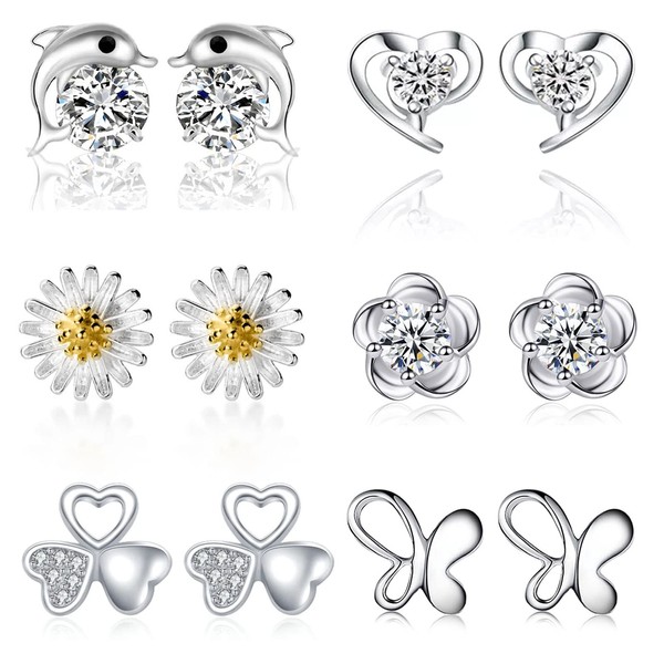 6 Pairs Silver Stud Earrings Multipack Heart Ear Studs Butterfly