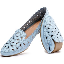 HEAWISH - Zapatos planos de ballet florales para mujer, color negro, beige, con flores, piel sintética, puntera redonda, para vestir, Azul/claro, 10