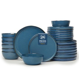 FOBENTA 24 Piece Dark Ceramic Dinnerware Set,Slate Blue Plates and Bowls Set for 8 – Minimalist Dish Sets for Hosting with Edge and Elegance