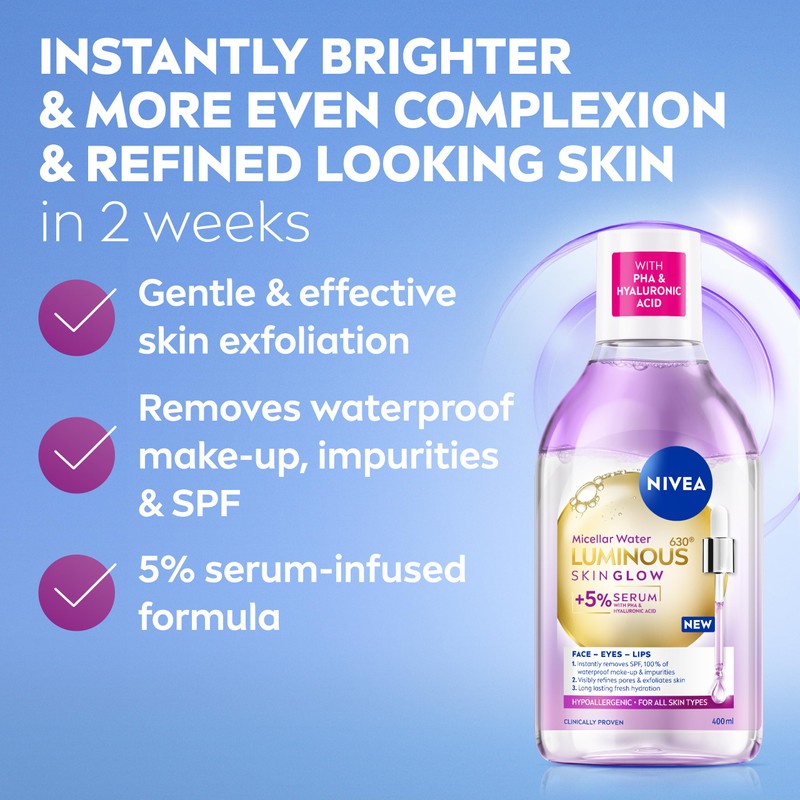 NIVEA LUMINOUS630 Skin Glow Serum Infused Micellar Water (400ml), Makeup